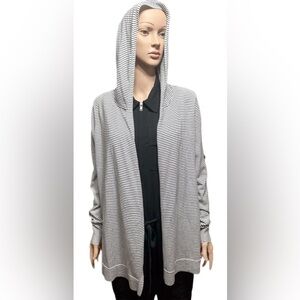 LOFT Womens Cardigan Size M knit  Striped Hooded Sweater Black White Casual